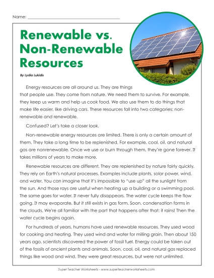 Nonfiction Articles - Renewable vs. Non-Renewable Resources (Printable PDF Worksheet)