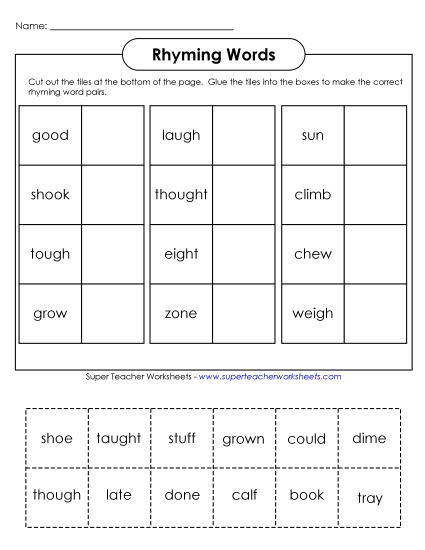 Rhyming Cut-Outs (Intermediate) - Rhyme Cut-and-Glue (Intermediate) (Printable PDF Worksheet)