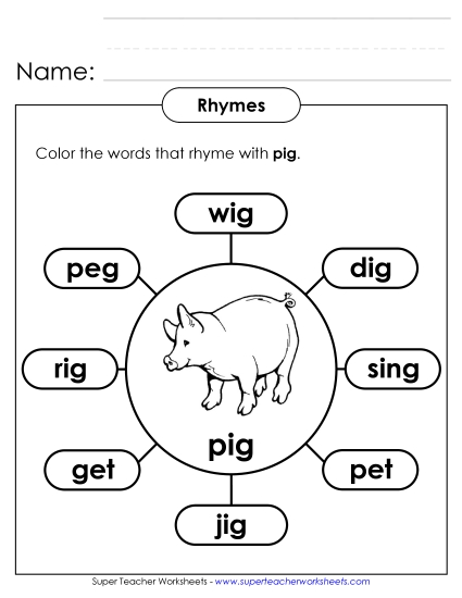 Rhyming Webs (Basic) - Rhymes with Pig (Printable PDF Worksheet)
