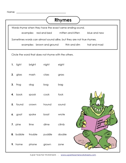 Rhyming - Rhyming Monster (Printable PDF Worksheet)