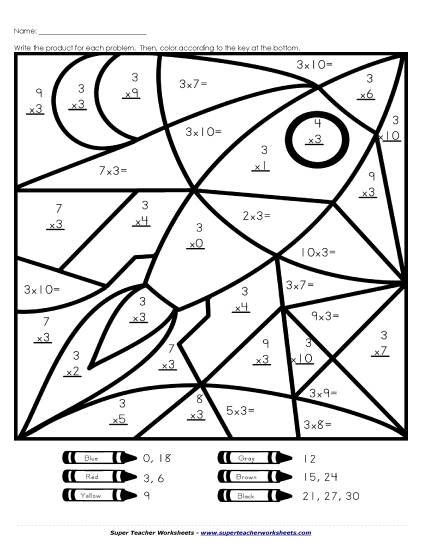 Multiply by 3s Only - Rocket Mystery Picture (Printable PDF Worksheet)