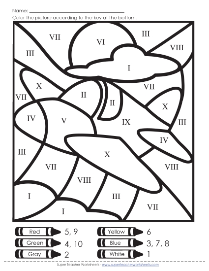 Roman Numerals - Roman Numerals: Airplane (1-10) (Printable PDF Worksheet)