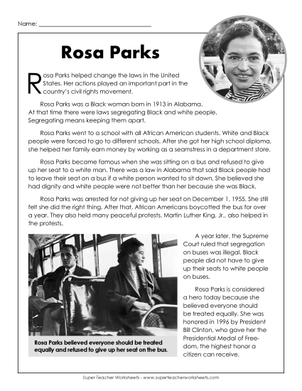 Reading Comprehension Articles - Rosa Parks (Printable PDF Worksheet)