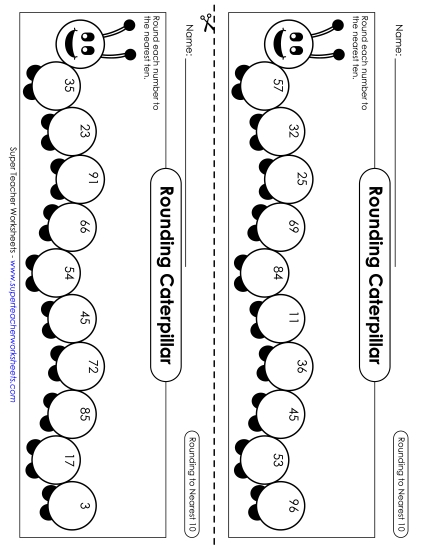 Nearest Ten 2-Digit Numbers - Rounding Caterpillars (Nearest Ten) (Printable PDF Worksheet)
