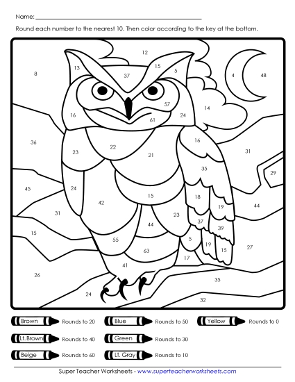 Owl Math Mystery Pictures - Rounding (Nearest 10) Mystery Picture (Printable PDF Worksheet)