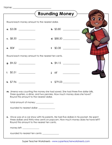 Rounding Money (Nearest 10 Cents) - Rounding Nearest Dollar & Nearest Ten Cents (Printable PDF Worksheet)