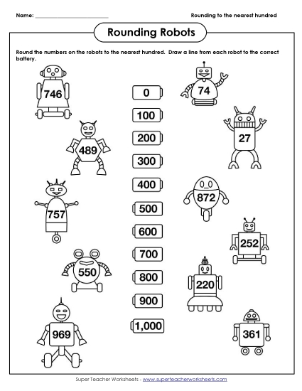 Nearest Hundred (3-Digit Numbers Only) - Rounding Robots (Nearest 100) (Printable PDF Worksheet)