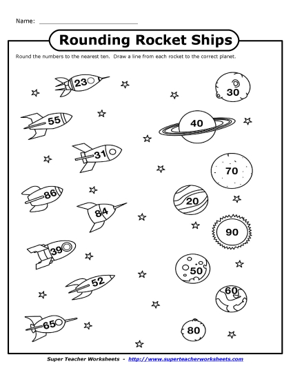 Nearest Ten 2-Digit Numbers - Rounding Rocket Ships (Nearest 10) (Printable PDF Worksheet)