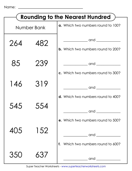 Nearest Hundred (3-Digit Numbers Only) - Rounding to Nearest Hundred: Number Bank Match-Up (Printable PDF Worksheet)