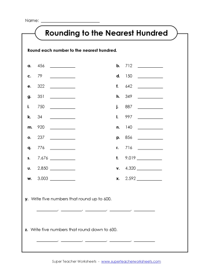 Nearest Hundred (3 and 4-Digit Numbers) - Rounding to the Nearest Hundred (Printable PDF Worksheet)