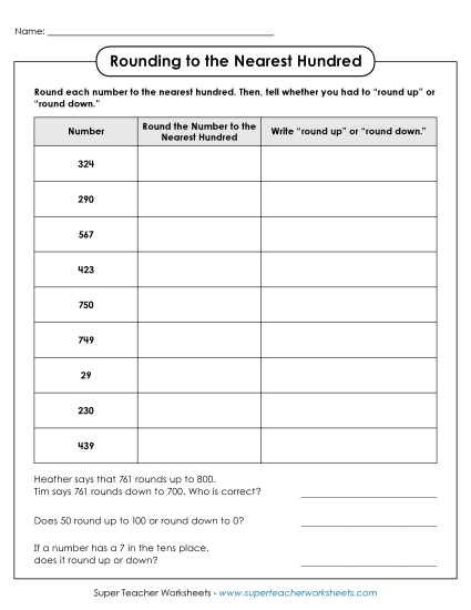 Nearest Hundred (3 and 4-Digit Numbers) - Rounding to the Nearest Hundred - Table (Printable PDF Worksheet)