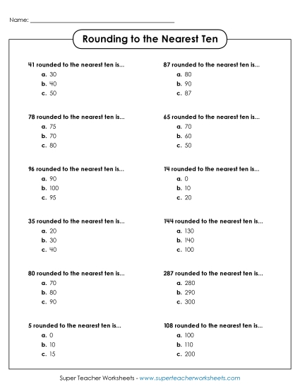 Nearest Ten (2 and 3-Digit Numbers) - Rounding to the Nearest Ten - Multiple Choice (Printable PDF Worksheet)