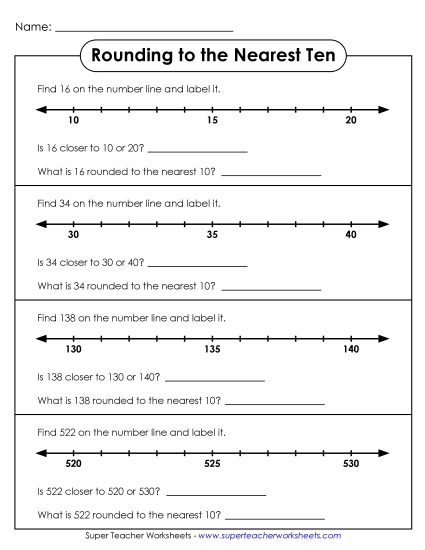 Nearest Ten (2 and 3-Digit Numbers) - Rounding to the Nearest Ten Number Line (2 & 3 Digits) (Printable PDF Worksheet)