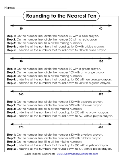 Nearest Ten (2 and 3-Digit Numbers) - Rounding to the Nearest Ten - Number Line 2 (Printable PDF Worksheet)