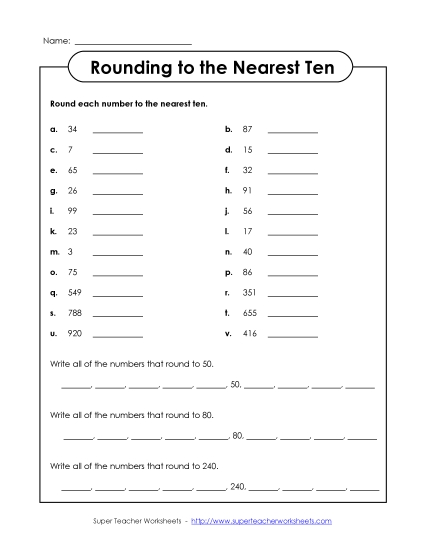 Nearest Ten (2 and 3-Digit Numbers) - Rounding to the Nearest Ten (Printable PDF Worksheet)