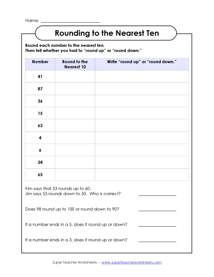 Nearest Ten 2-Digit Numbers - Rounding to the Nearest Ten - Table (Printable PDF Worksheet)