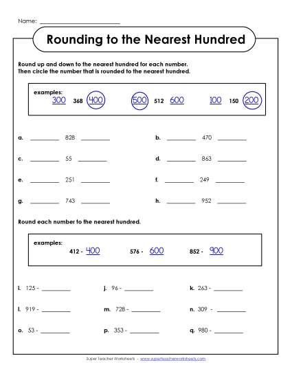 Nearest Hundred (3-Digit Numbers Only) - Rounding Up-Down (3-Digit) (Printable PDF Worksheet)