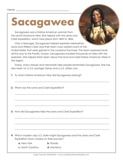 Reading Comprehension Articles - Sacagawea (Short Passage) (Printable PDF Worksheet)
