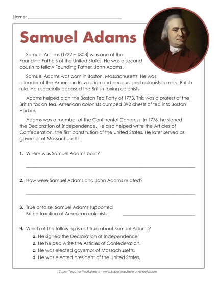Biographies - Samuel Adams (Printable PDF Worksheet)