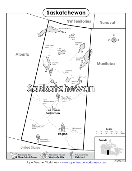 Maps - Saskatchewan Map (Black & White) (Printable PDF Worksheet)