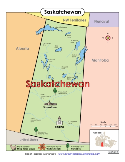 Maps - Saskatchewan Map (Full Colour) (Printable PDF Worksheet)