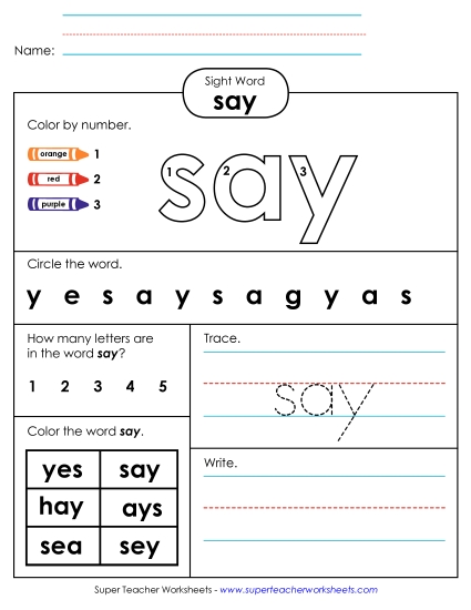 Individual Sight Words - Say (Sight Word) (Printable PDF Worksheet)