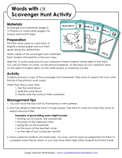 Games and Learning Centers - Scavenger Hunt (CK Words) (Printable PDF Worksheet)