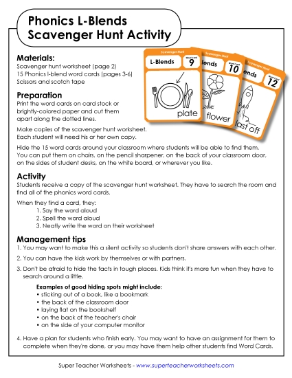Cards & Games - Scavenger Hunt: L-Blends (Printable PDF Worksheet)