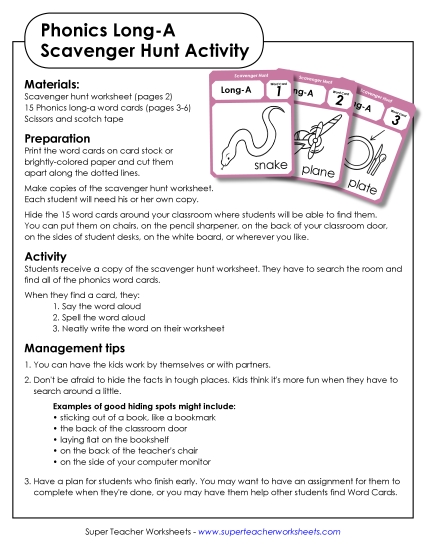 Games & Learning Centers - Scavenger Hunt: Long A (Printable PDF Worksheet)
