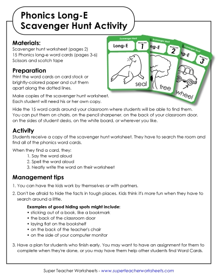 Games & Learning Centers - Scavenger Hunt: Long E (Printable PDF Worksheet)