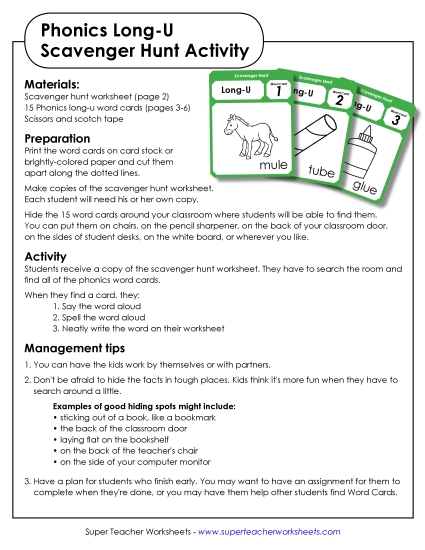 Games & Learning Centers - Scavenger Hunt: Long U (Printable PDF Worksheet)