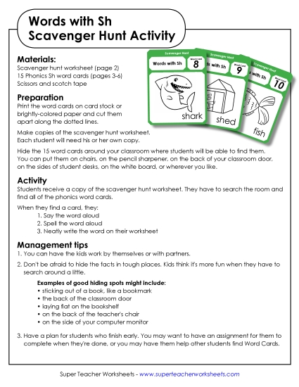 Games & Learning Centers - Scavenger Hunt (SH Words) (Printable PDF Worksheet)