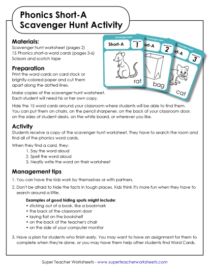 Games & Learning Centers - Scavenger Hunt: Short A (Printable PDF Worksheet)
