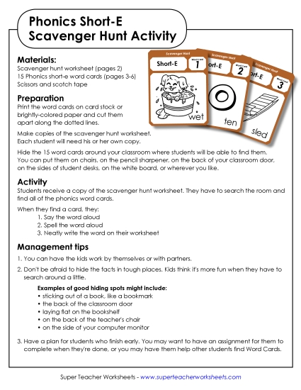 Games & Learning Centers - Scavenger Hunt: Short E (Printable PDF Worksheet)