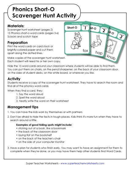 Games & Learning Centers - Scavenger Hunt: Short O (Printable PDF Worksheet)
