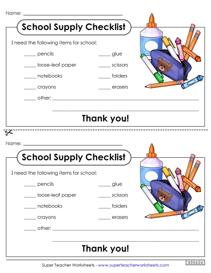 Parent Communications - School Supply Note (Printable PDF Worksheet)