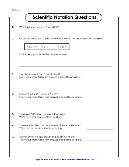 Level: Advanced Decimals & Negative Exponents - Sci. Notation Questions (Advanced) (Printable PDF Worksheet)