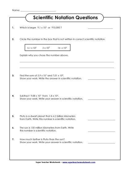 Level: Intermediate Includes Decimals - Sci. Notation Questions (Intermediate) (Printable PDF Worksheet)
