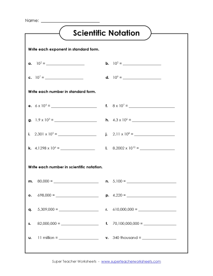 Level: Intermediate Includes Decimals - Scientific Notation: Intermediate (Printable PDF Worksheet)