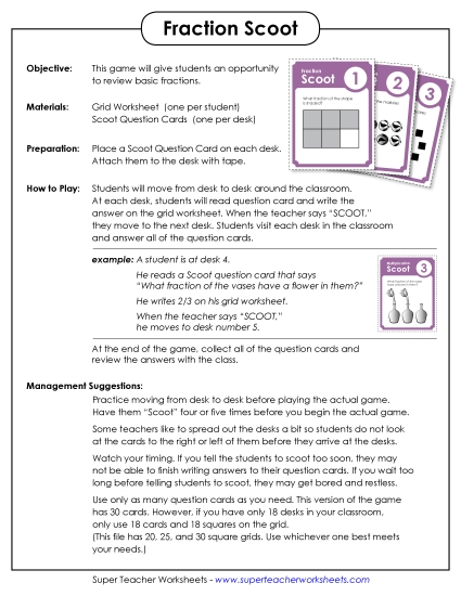 Basic Fraction Games - Scoot! - Basic Fractions (Printable PDF Worksheet)