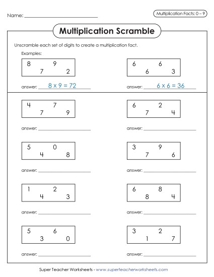 All Facts 0s through 9s - Scrambled Facts (0-9) (Printable PDF Worksheet)