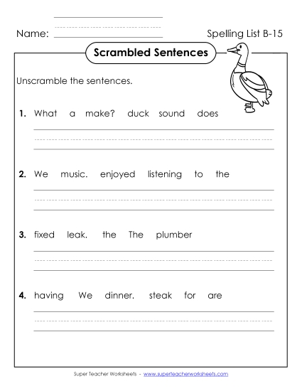 Worksheets - Scrambled Sentences (B-15) (Printable PDF Worksheet)
