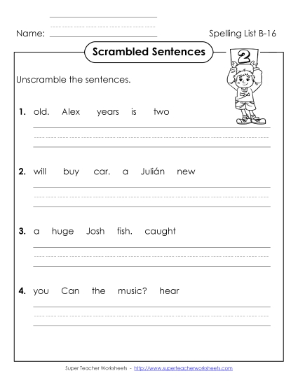 Worksheets - Scrambled Sentences (B-16) (Printable PDF Worksheet)