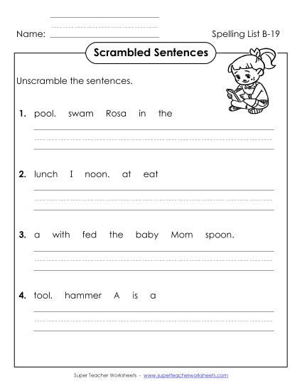 Worksheets - Scrambled Sentences (B-19) (Printable PDF Worksheet)