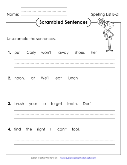 Worksheets - Scrambled Sentences (B-21) (Printable PDF Worksheet)