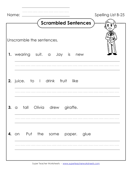 Worksheets - Scrambled Sentences (B-25) (Printable PDF Worksheet)