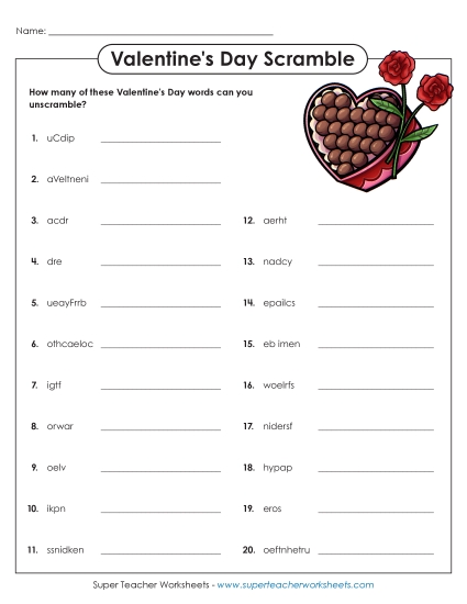 Valentine's Day Puzzles - Scrambled Valentine Puzzle (Printable PDF Worksheet)