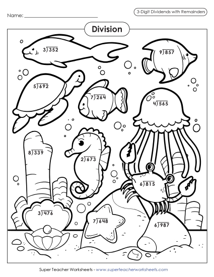 3-Digit Dividends - Sea Animal Division Picture (w/ Remainders) (Printable PDF Worksheet)