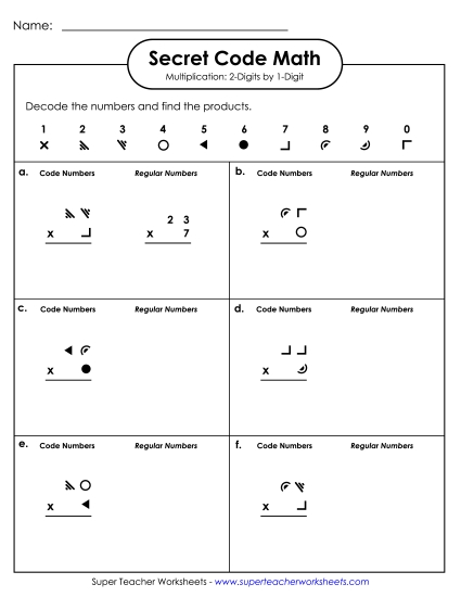 2-Digit Times 1-Digit Worksheets - Secret Code Math: 2 Digits Times 1 Digit (Printable PDF Worksheet)