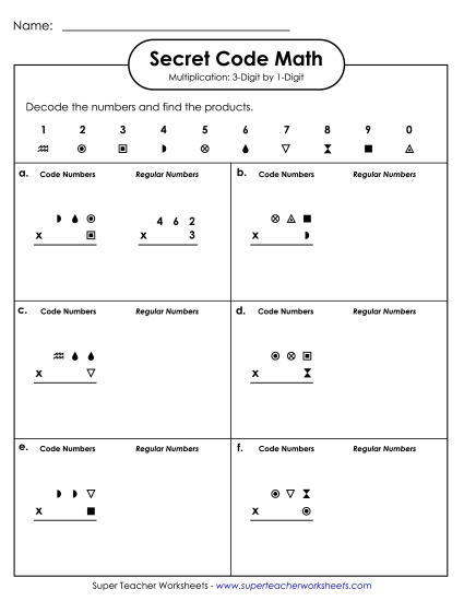 3-Digit Times 1-Digit Printables - Secret Code Math: 3 Digits Times 1 Digit (Printable PDF Worksheet)